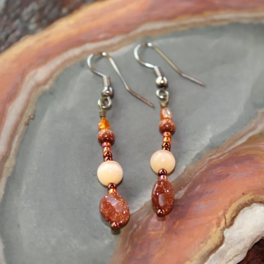 New Goldstone, Peach Agate and Seed Bead Drop Earrings